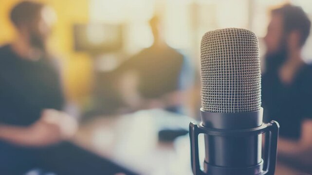 Close-up of studio microphone with blurred figures in the background, suitable for podcast or recording studio content