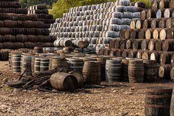 Stacked wooden barrels aged by time, storing fine whisky, wine, or craft beer. Rich textures, warm tones, and artisanal charm captured in close-ups of ancient and noble barriques