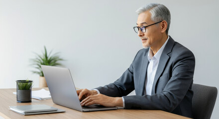 Mature asian male in suit working on laptop in office setting