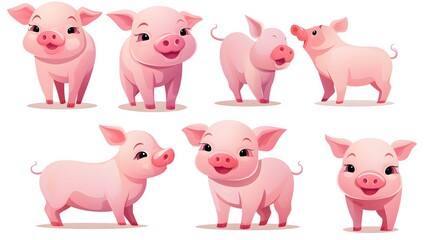 High-quality vector cartoon set of adorable pink pig characters for design projects