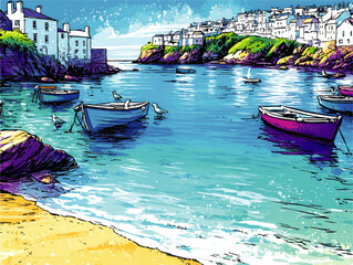 Obraz premium Stunning Coastal Village Harbor Illustration with Vibrant Boats, Seaside Houses, and Blue Ocean Water for Travel and Decor