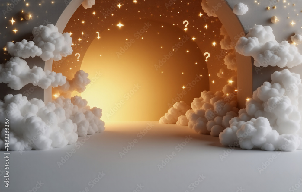 Poster a luminous tunnel end is framed by fluffy clouds. question marks and stars float in the bright, drea
