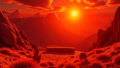 Crimson expanse landscape featuring radiant sunlight and majestic mountains