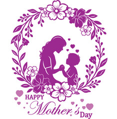 Happy Mother’s Day Silhouette Design – Floral Mom and Child Illustration with Elegant Typography