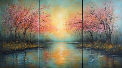 Tranquil spring sunrise over a serene river.