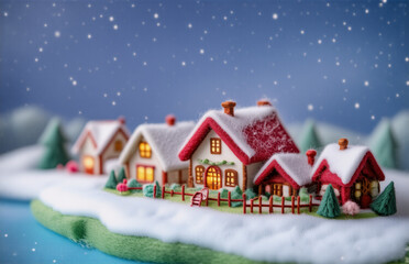 Fototapeta premium Here's a description and keywords:Cozy miniature homes nestled in a winter wonderland, blanketed in snow under a starry night. Warm lights glow, suggesting holiday cheer and a peaceful atmosphere.