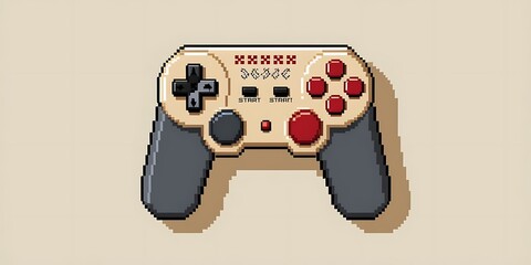 Stylized retro game controller with pixel art design mounted on a beige wall, blending nostalgic video game aesthetics with modern minimalism, ideal for gaming culture and digital art concepts

