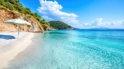 Fototapeta premium Serene tropical beach scene with azure waters and a solitary sunshade umbrella
