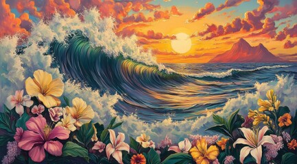 Ocean sunset, vibrant flowers, powerful wave