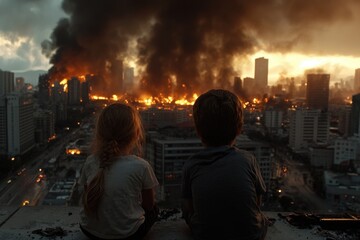 Two children in ruins - fiery city, war devastation, apocalyptic vision, hostile world, destruction imagery, military conflict, urban collapse, burning wreckage, end of days, survival struggle.