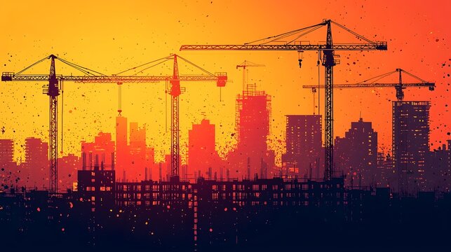 Silhouetted Cranes Reaching Towards a Vibrant Urban Skyline Symbolizing Progress and Development