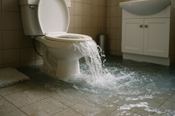 Overflowing toilet flooding bathroom with water spreading across tiled floor