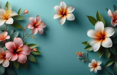 Fototapeta premium A vibrant arrangement of pink and white tropical flowers with lush green leaves on a teal background. The flowers are artfully arranged, leaving space in the center.