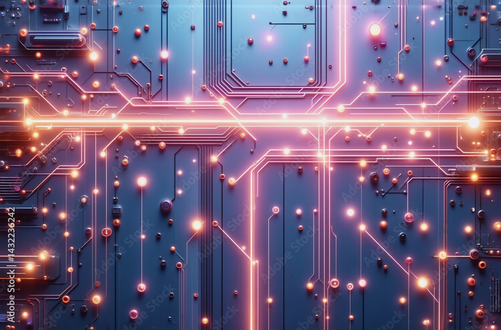 Poster a vibrant circuit board glows with orange light against a deep blue backdrop, showcasing intricate p