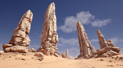 Fototapeta premium A desert landscape featuring towering rock formations against a clear blue sky.