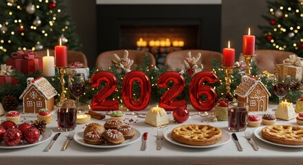 Fototapeta premium Festive 2026 New Year s Eve Dinner Table Setting with Gingerbread Houses and Christmas Decorations