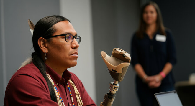 Native american man with prosthetic arm in meeting room - Powered by Adobe