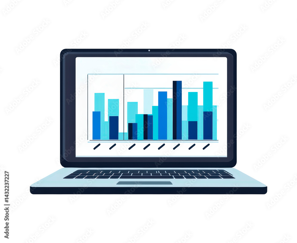 Poster illustration of a laptop displaying a bar graph isolated on transparent background