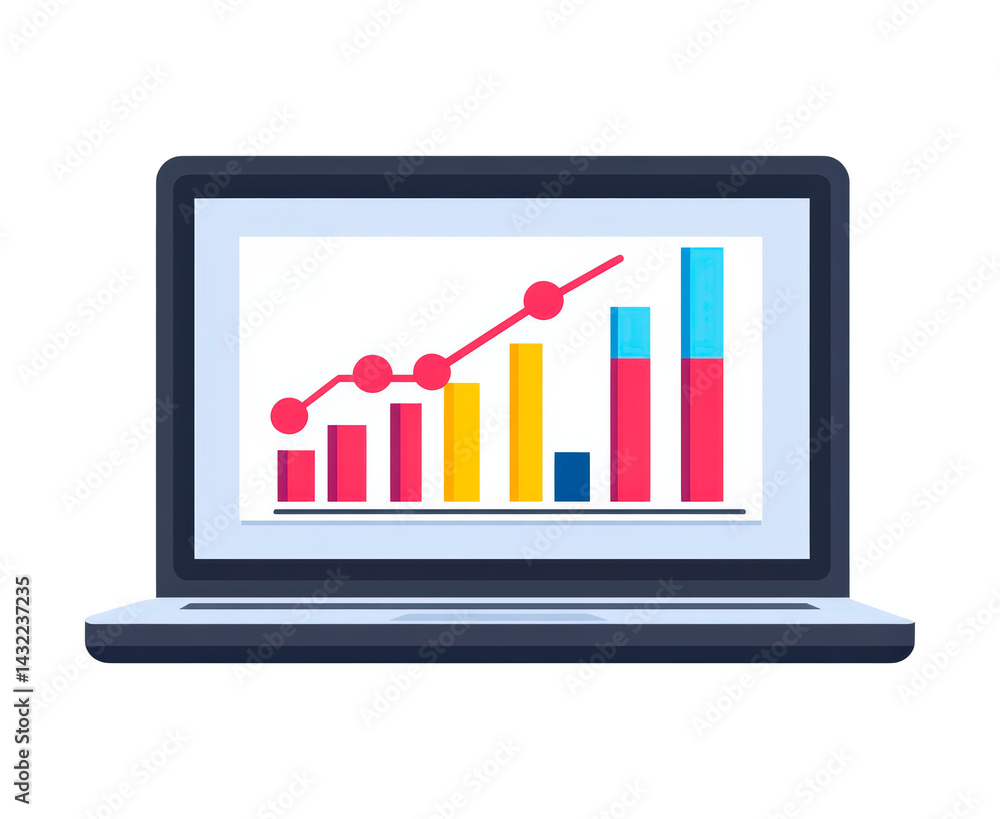 Poster laptop screen showing colorful bar graphs and charts illustration isolated on transparent background
