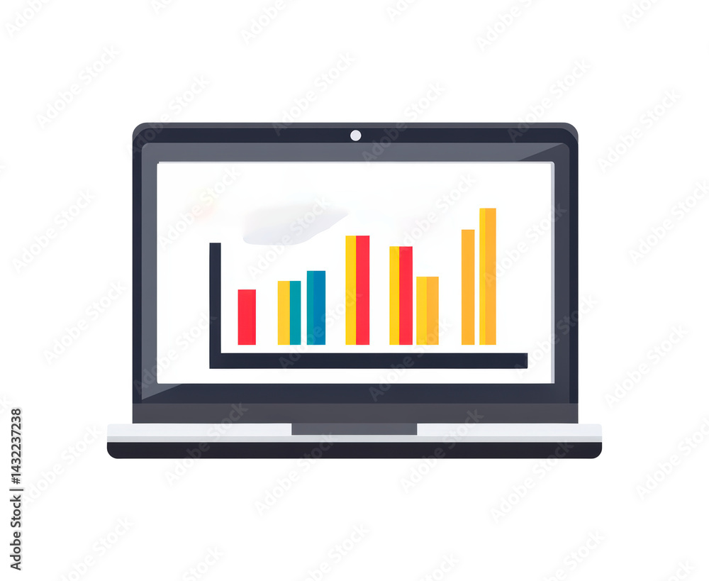 Poster laptop screen displaying multiple data charts, including bar, line, area, and pie charts isolated on
