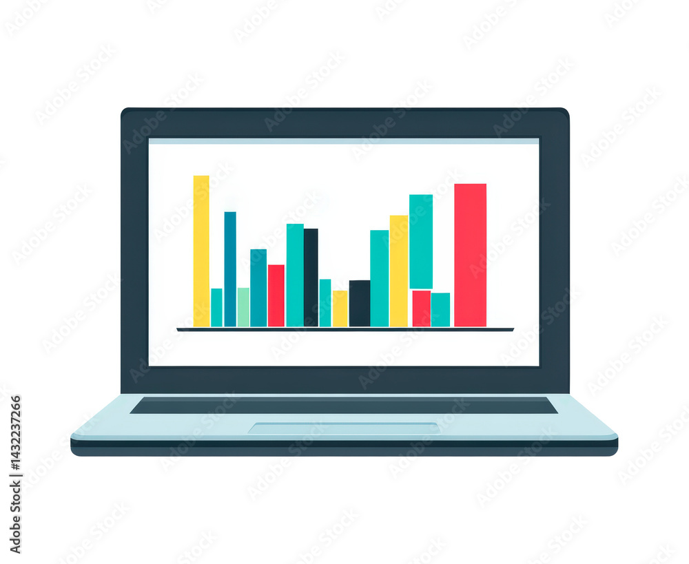 Aufkleber illustration of a laptop displaying a bar graph isolated on transparent background