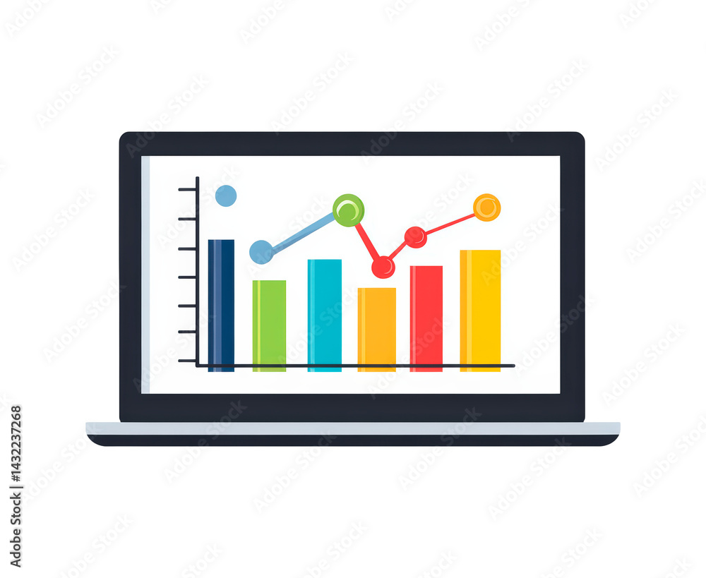 Poster laptop screen showing colorful bar graphs and charts illustration isolated on transparent background
