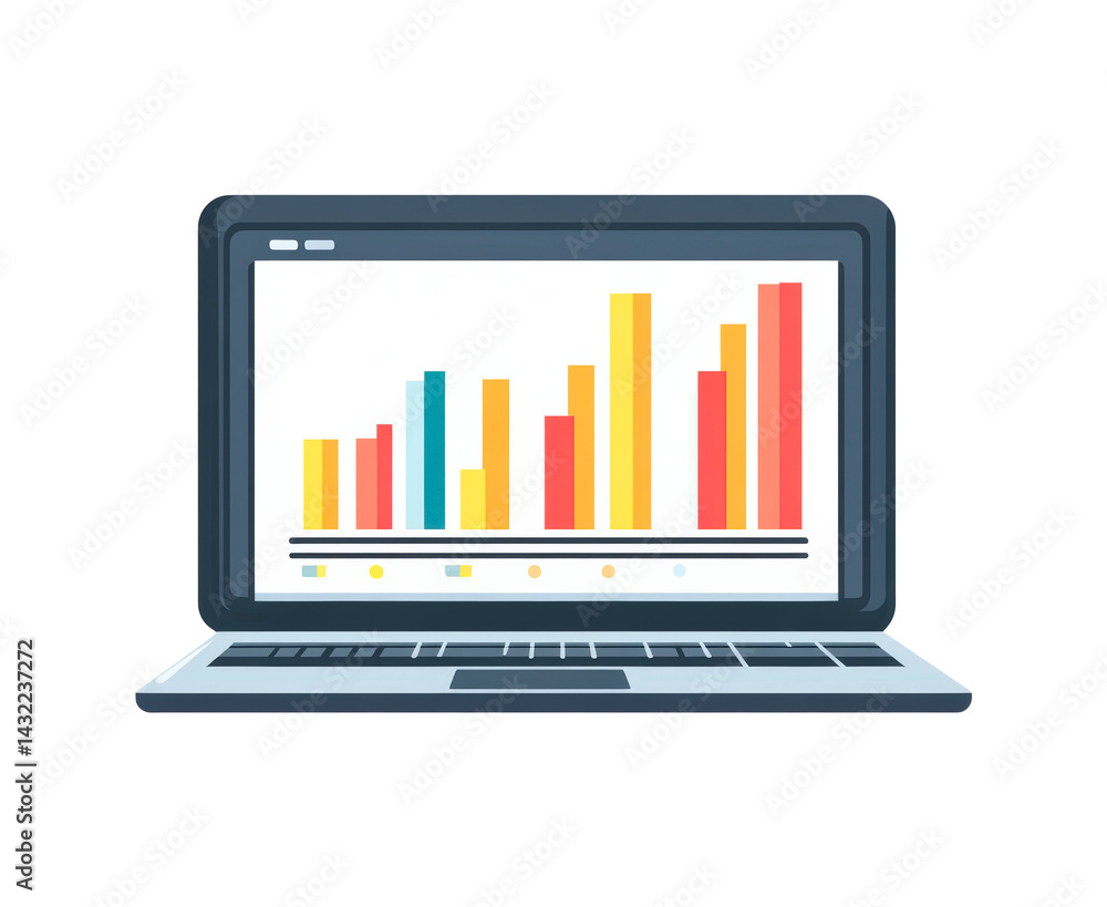Poster laptop screen displaying multiple data charts, including bar, line, area, and pie charts isolated on