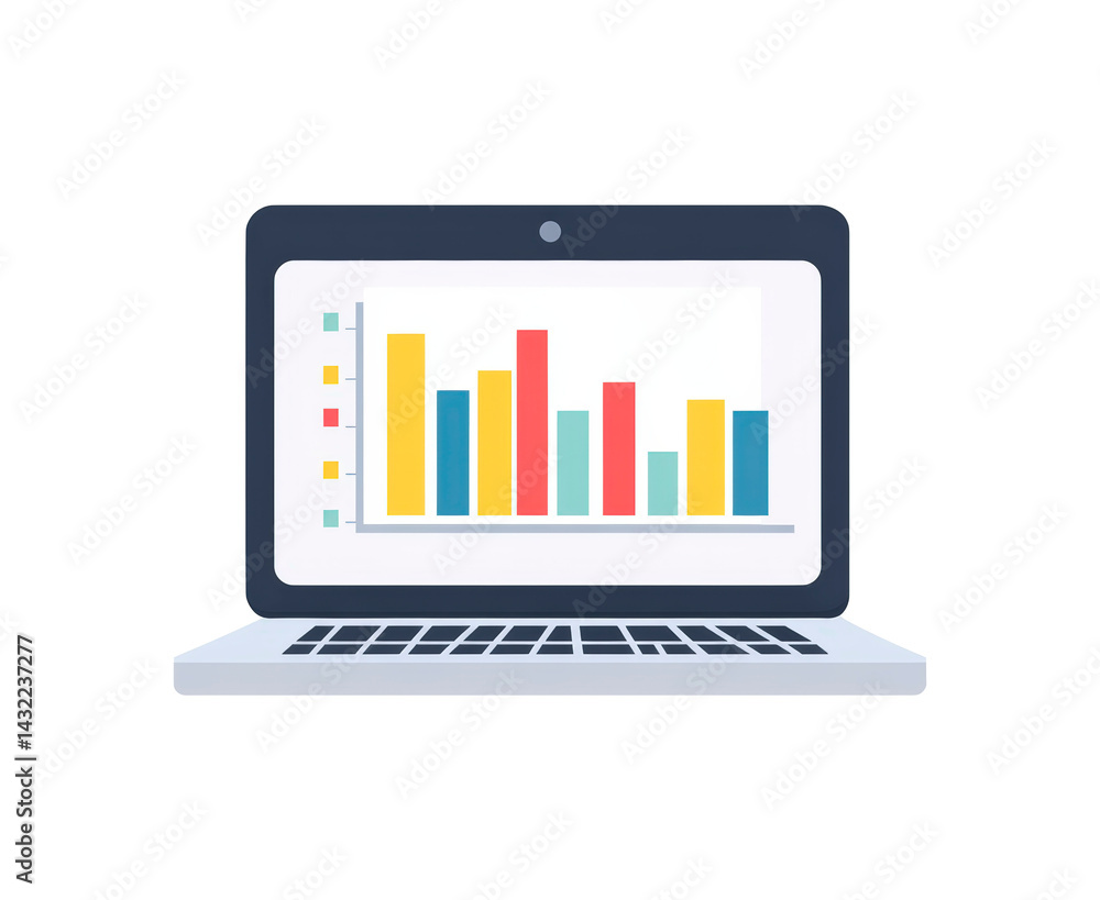 Poster illustration of a laptop displaying a bar graph isolated on transparent background