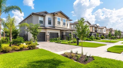 Obraz premium Two-story suburban home with manicured lawn and driveway