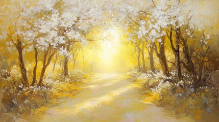 Obraz premium Golden sunlight path through a blossoming spring forest.