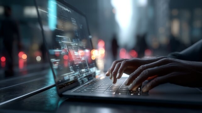 Hands Typing on Sleek Dark Laptop Keyboard at Night, City Lights Blurred in Background