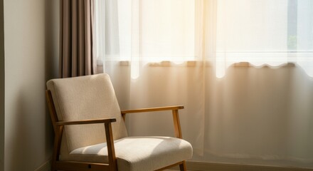 Fototapeta premium Cozy sunlit armchair by window in minimalist room decor