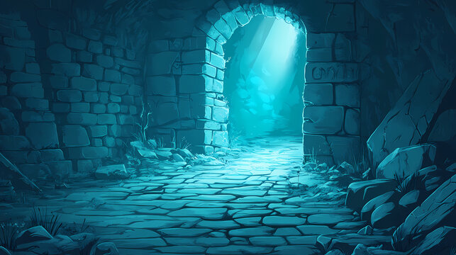 Mysterious light illuminates ancient stone pathway in dimly lit underground chamber. Wonder Chamber. Illustration