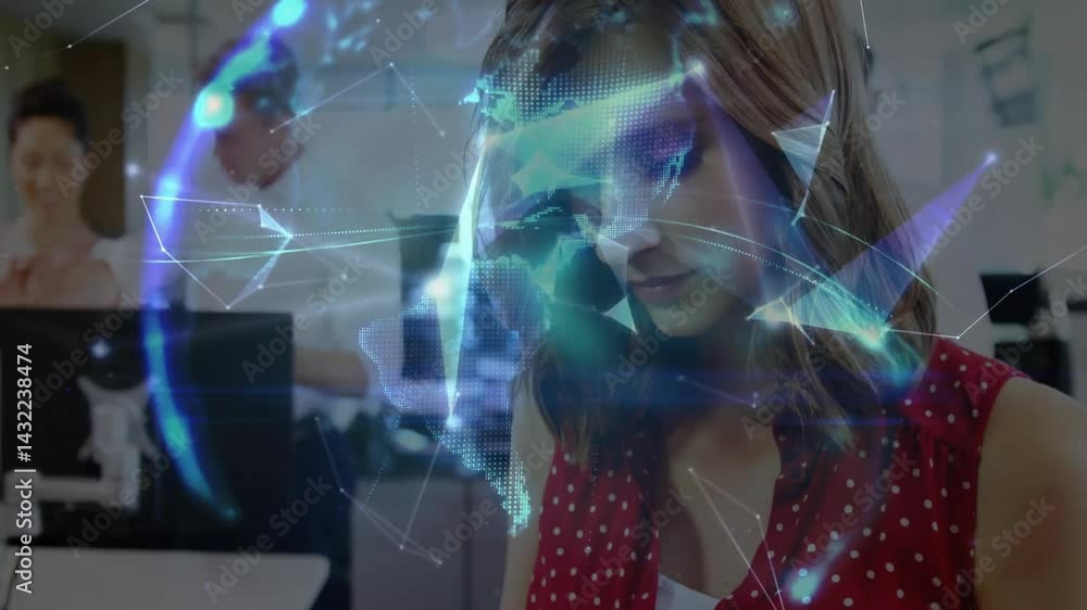 Poster woman working with monitors in tech office, displaying floating holographic globe with data lines
