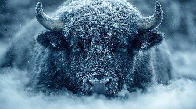 Frozen Bison in a Winter Storm: A Majestic Portrait