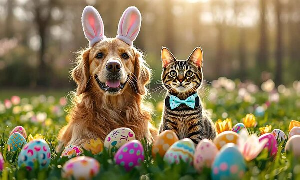 Adorable Golden Retriever and Kitten in Easter Egg Hunt Scene
