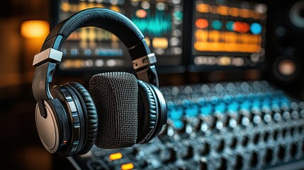 Studio Headphones and Microphone in Recording Studio