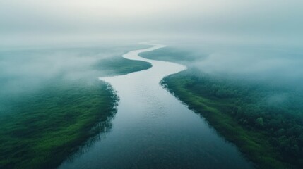 Misty River Winding Through Lush Landscape