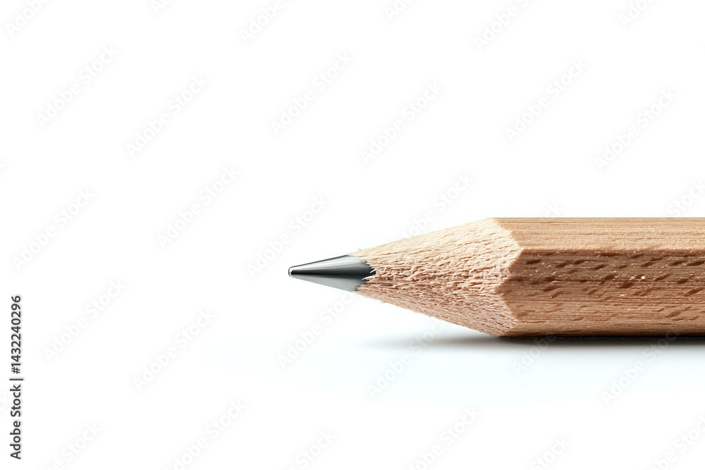 Poster sharp wooden pencil tip isolated on white background, macro close-up view showing detailed texture a