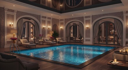 Indoor Swimming Pool with Lounge Chairs and Wooden Floor