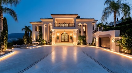 Obraz premium Contemporary villa with marble exterior and dramatic lighting