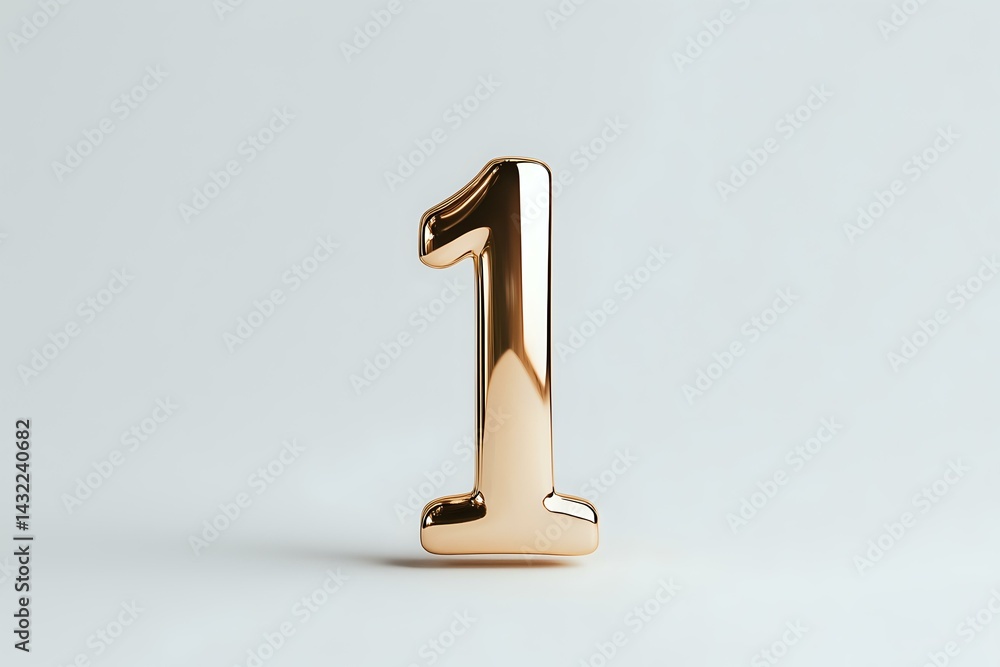 Poster golden metallic number one standing upright on white background, glossy champagne color finish with 