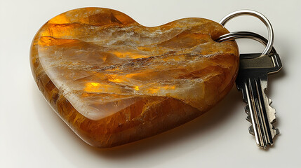 Polished Citrine Heart Keychain with Silver Key on White Backgro
