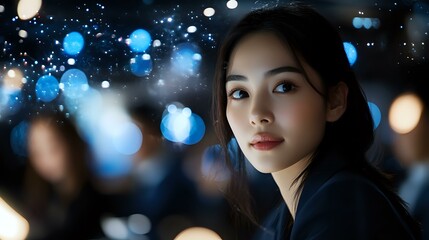 Young Asian woman with long dark hair looking up thoughtfully against blurred blue bokeh lights and night city background, soft dreamy atmosphere creates magical mood.