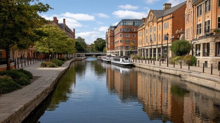 Naklejka premium Canal town cityscape reflection