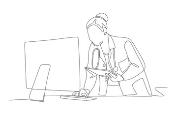 Female doctor reads diagnosis results to patient online. Telehealth concept one-line drawing