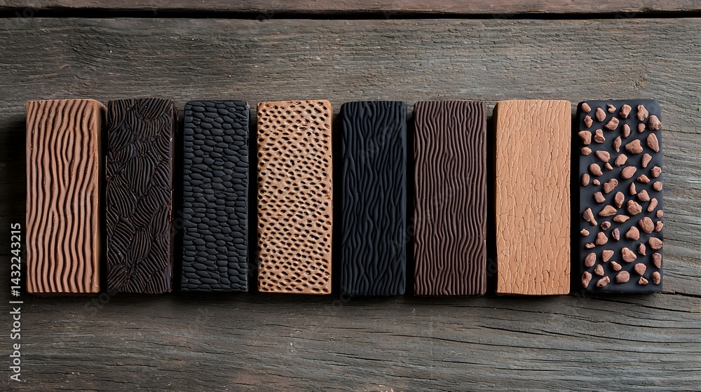 Poster handcrafted clay or polymer rectangular tiles with different textured patterns in brown and black co