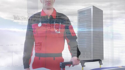 Man standing wearing medical uniform combining health with cloud data infrastructure code overlay - Powered by Adobe