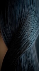 Fototapeta premium Silky smooth black hair strands flowing in elegant curves against dark background, showcasing natural shine and healthy texture for beauty and haircare advertising.