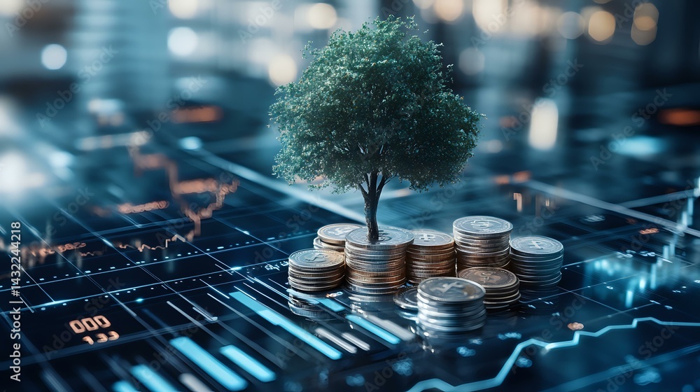 Aufkleber green tree growing from stack of coins on financial chart background with stock market data and boke